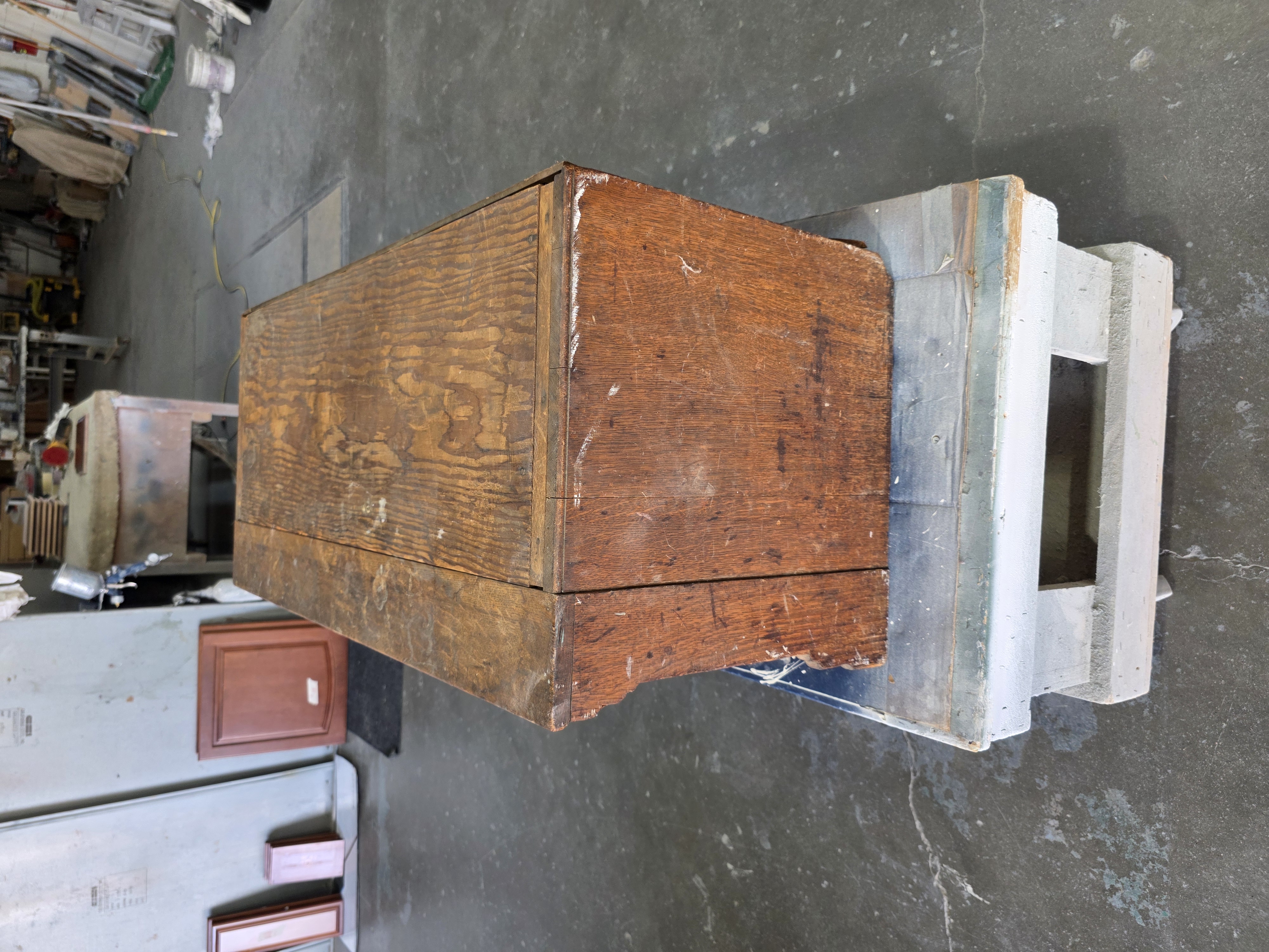 Oak chest top showing worn finish ready for restoration